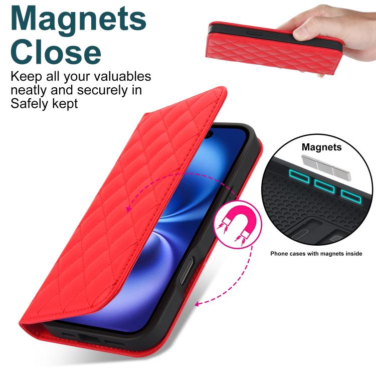 For iPhone 16 Plus Rhombic MagSafe RFID Anti-Theft Wallet Leather Phone Case