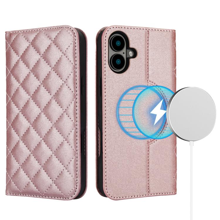 For iPhone 16 Plus Rhombic MagSafe RFID Anti-Theft Wallet Leather Phone Case