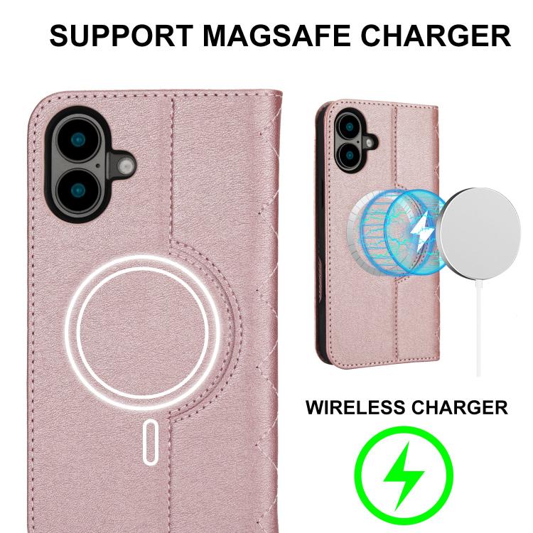 For iPhone 16 Plus Rhombic MagSafe RFID Anti-Theft Wallet Leather Phone Case