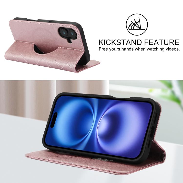 For iPhone 16 Plus Rhombic MagSafe RFID Anti-Theft Wallet Leather Phone Case