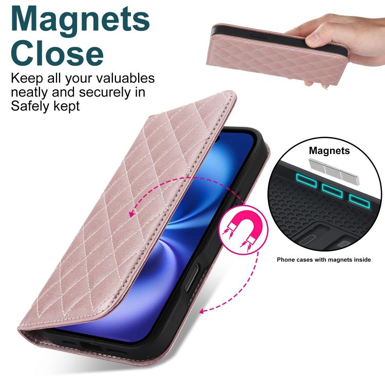 For iPhone 16 Plus Rhombic MagSafe RFID Anti-Theft Wallet Leather Phone Case
