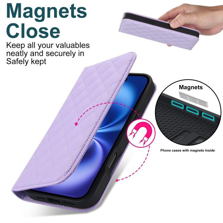 For iPhone 16 Plus Rhombic MagSafe RFID Anti-Theft Wallet Leather Phone Case