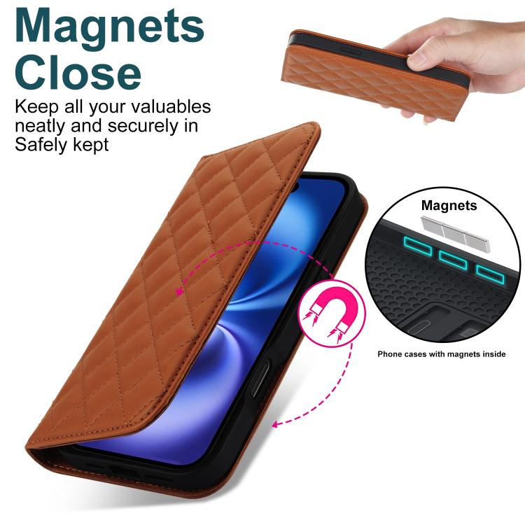 For iPhone 16 Plus Rhombic MagSafe RFID Anti-Theft Wallet Leather Phone Case
