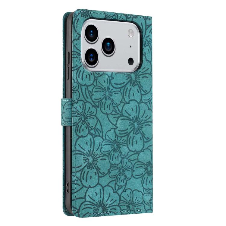 For iPhone 17 Pro Max Cherry Blossoms Embossed Leather Phone Case