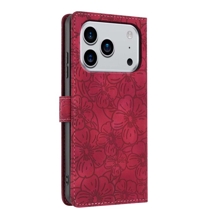 For iPhone 17 Pro Max Cherry Blossoms Embossed Leather Phone Case