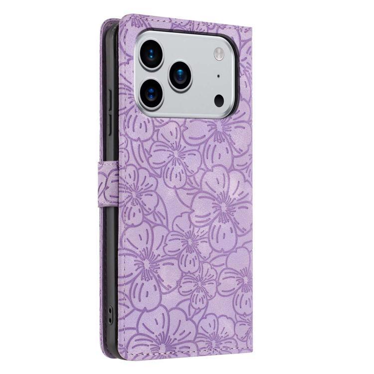 For iPhone 17 Pro Cherry Blossoms Embossed Leather Phone Case