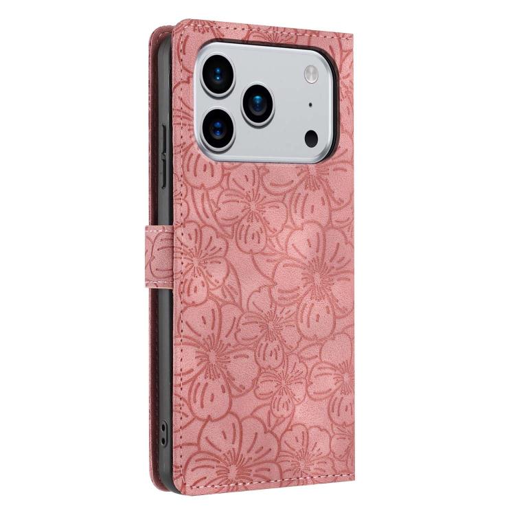 For iPhone 17 Pro Cherry Blossoms Embossed Leather Phone Case