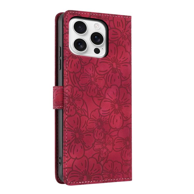 For iPhone 16 Pro Max Cherry Blossoms Embossed Leather Phone Case