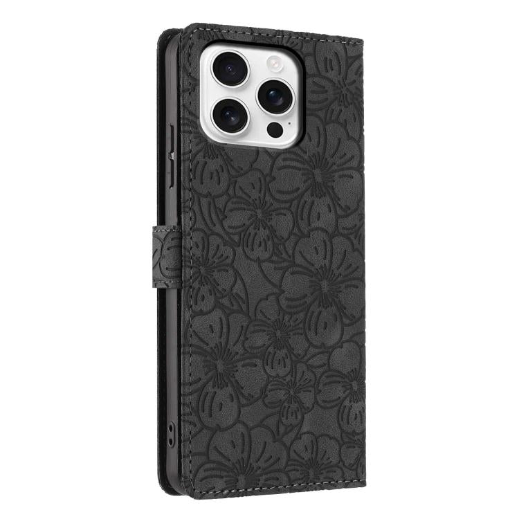 For iPhone 16 Pro Cherry Blossoms Embossed Leather Phone Case