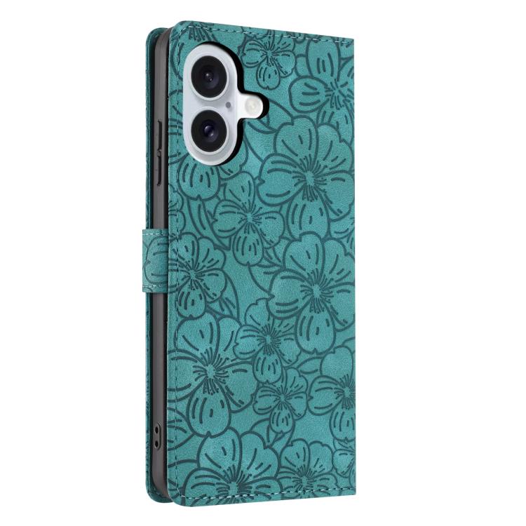 For iPhone 16 Plus Cherry Blossoms Embossed Leather Phone Case
