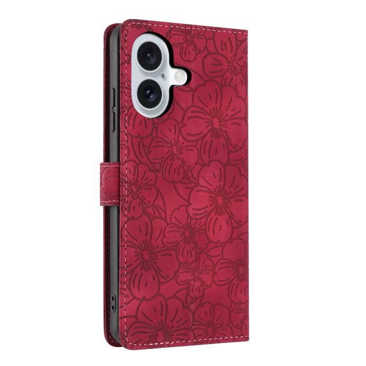 For iPhone 16 Plus Cherry Blossoms Embossed Leather Phone Case
