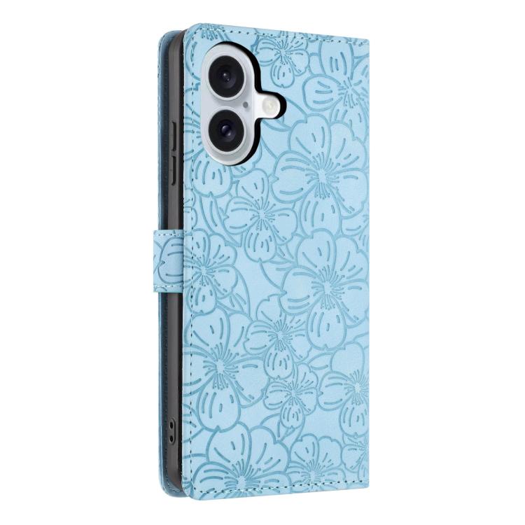 For iPhone 16 Cherry Blossoms Embossed Leather Phone Case
