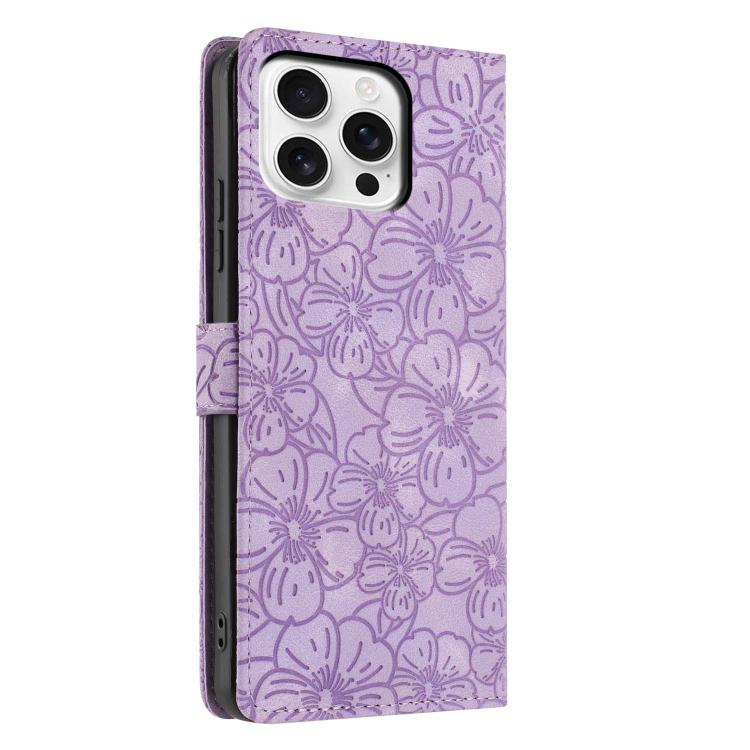 For iPhone 15 Pro Cherry Blossoms Embossed Leather Phone Case