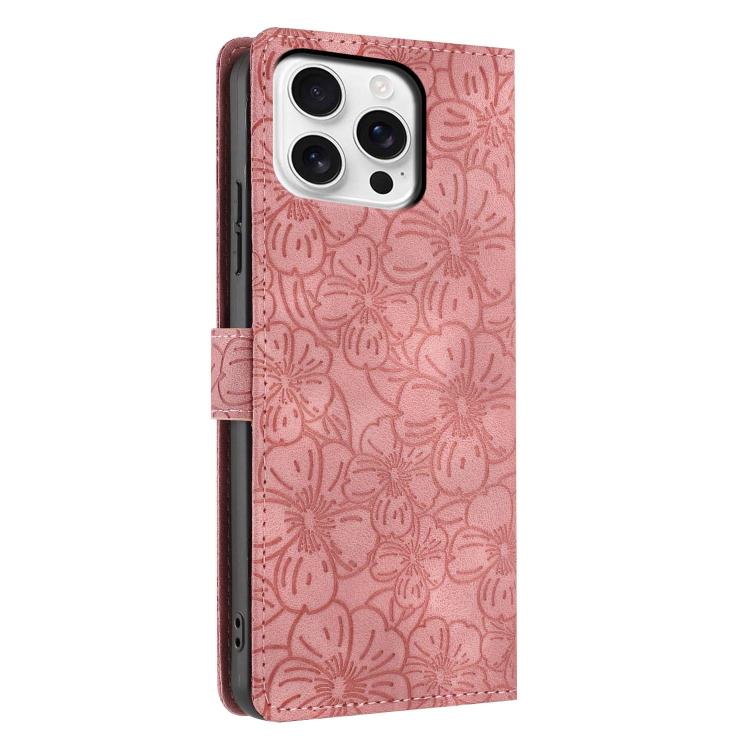 For iPhone 15 Pro Cherry Blossoms Embossed Leather Phone Case
