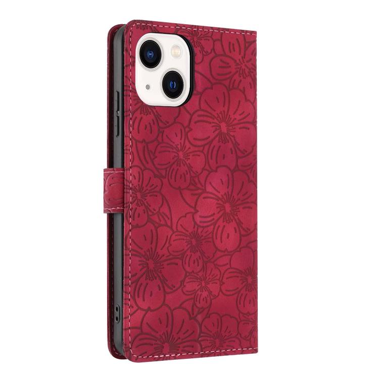 For iPhone 15 Plus Cherry Blossoms Embossed Leather Phone Case