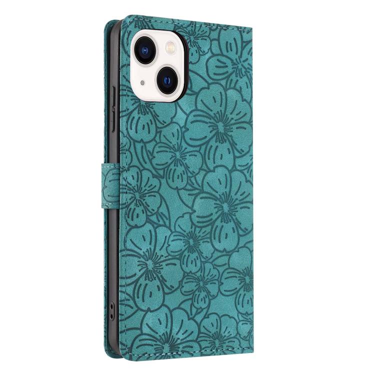 For iPhone 15 Cherry Blossoms Embossed Leather Phone Case