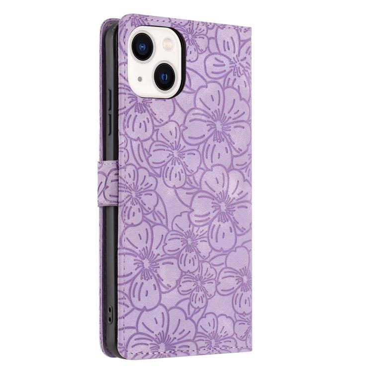 For iPhone 14 Plus Cherry Blossoms Embossed Leather Phone Case