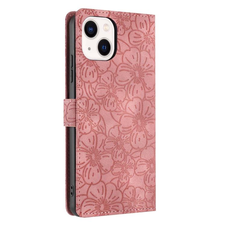 For iPhone 14 Plus Cherry Blossoms Embossed Leather Phone Case