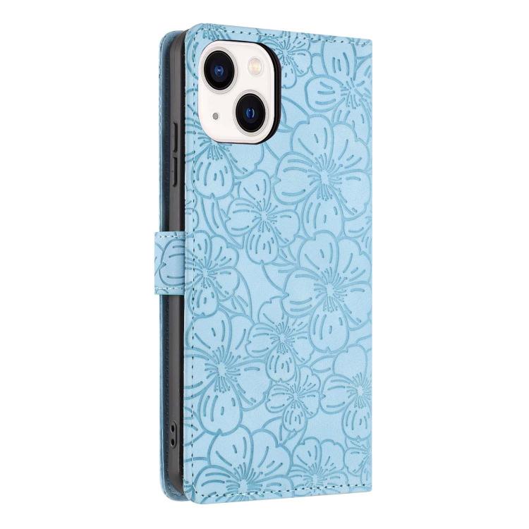For iPhone 14 Cherry Blossoms Embossed Leather Phone Case