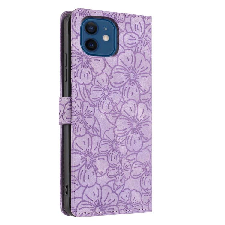 For iPhone 12 / 12 Pro Cherry Blossoms Embossed Leather Phone Case