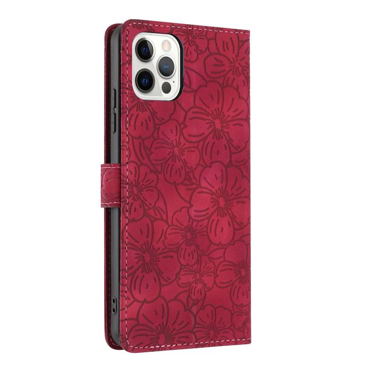 For iPhone 12 Pro Max Cherry Blossoms Embossed Leather Phone Case