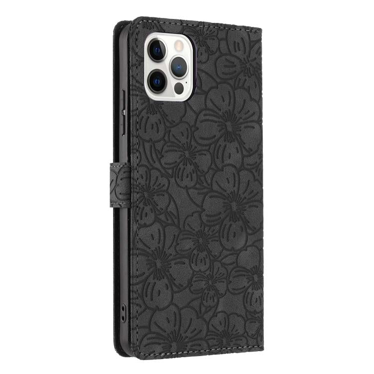For iPhone 12 Pro Max Cherry Blossoms Embossed Leather Phone Case