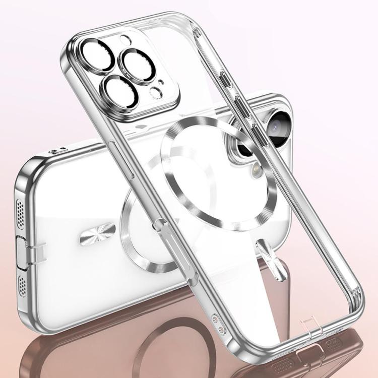 For iPhone 15 Pro Max Plating Paint TPU MagSafe Phone Case with Dust Plug & Lens Film