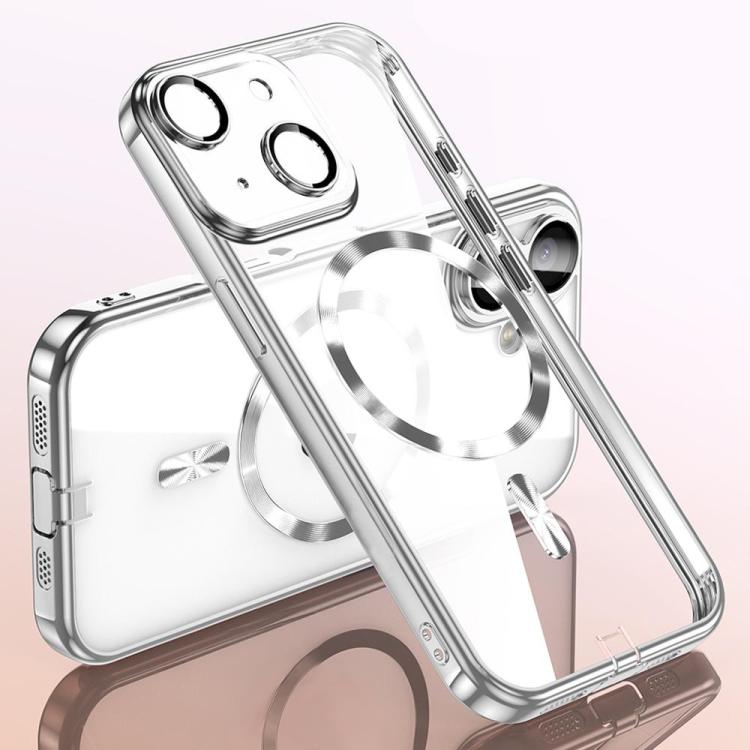 For iPhone 15 Plating Paint TPU MagSafe Phone Case with Dust Plug & Lens Film