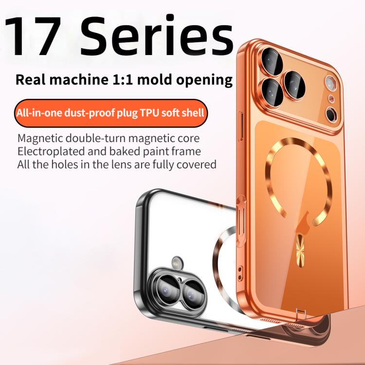 For iPhone 16 Plating Paint TPU MagSafe Phone Case with Dust Plug & Lens Film