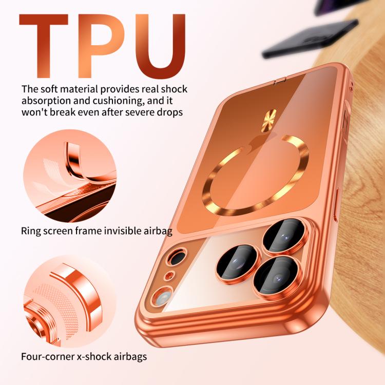 For iPhone 15 Pro Plating Paint TPU MagSafe Phone Case with Dust Plug & Lens Film