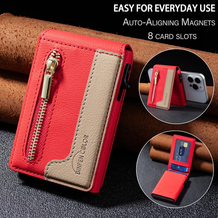 BFK31 Colorblock Zipper MagSafe Magnetic Leather Card Bag