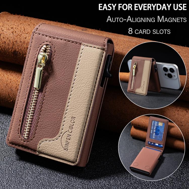 BFK31 Colorblock Zipper MagSafe Magnetic Leather Card Bag