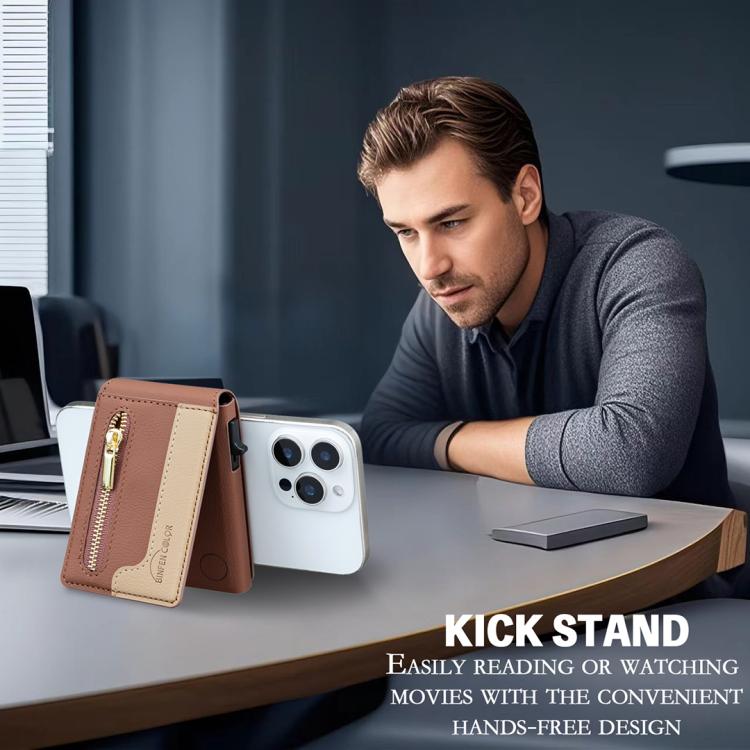 BFK31 Colorblock Zipper MagSafe Magnetic Leather Card Bag