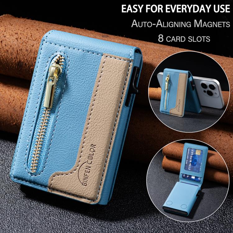 BFK31 Colorblock Zipper MagSafe Magnetic Leather Card Bag