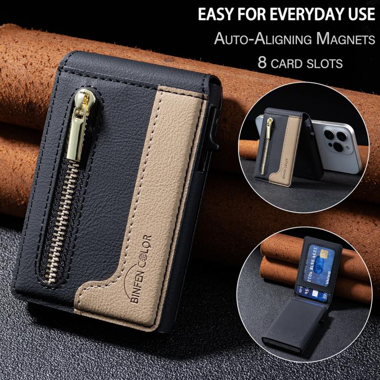 BFK31 Colorblock Zipper MagSafe Magnetic Leather Card Bag