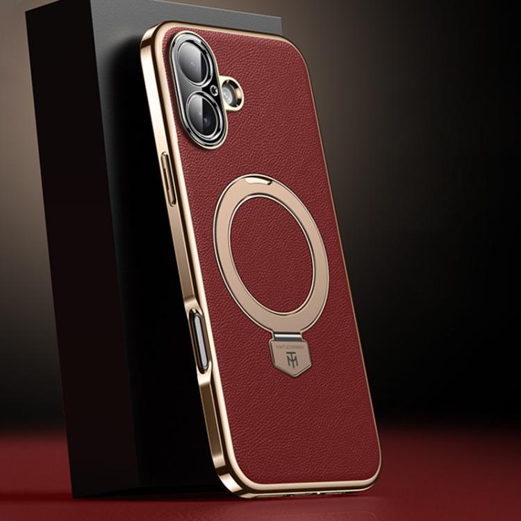 For iPhone 17 Plain Leather MagSafe Holder Phone Case