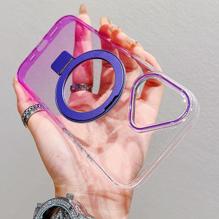 For iPhone 16 Plus Transparent Gradient Metal Ring Holder MagSafe Phone Case
