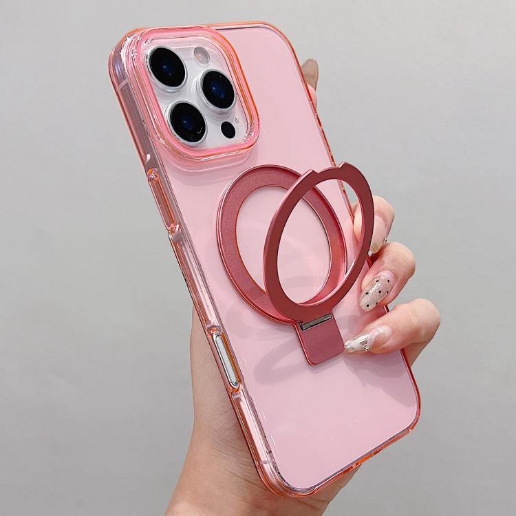 For iPhone 16 Pro Max Transparent Colorful Metal Ring Holder MagSafe Phone Case