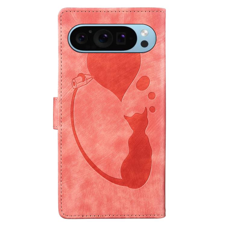 For Google Pixel 9 / 10 Pro Pen Heart Cat Embossed Leather Phone Case