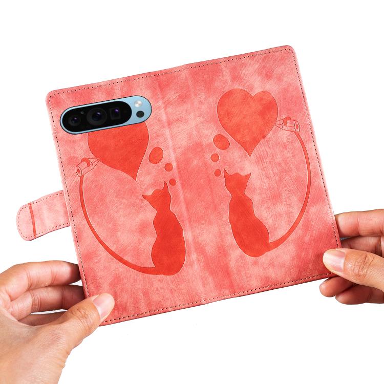 For Google Pixel 9 / 10 Pro Pen Heart Cat Embossed Leather Phone Case