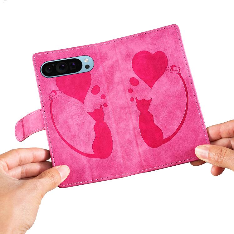 For Google Pixel 9 / 10 Pro Pen Heart Cat Embossed Leather Phone Case