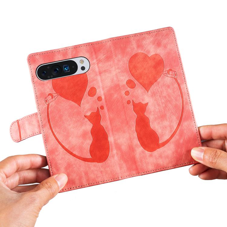 For Google Pixel 9 Pro XL / 10 Pro XL Pen Heart Cat Embossed Leather Phone Case