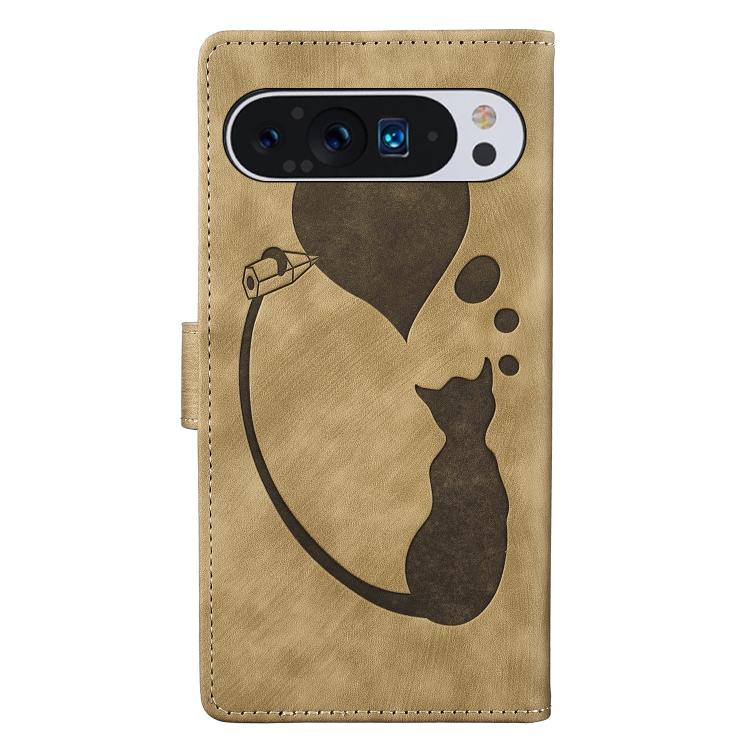 For Google Pixel 9 Pro XL / 10 Pro XL Pen Heart Cat Embossed Leather Phone Case