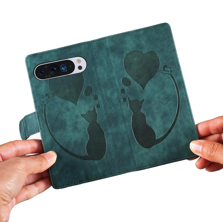 For Google Pixel 9 Pro XL / 10 Pro XL Pen Heart Cat Embossed Leather Phone Case