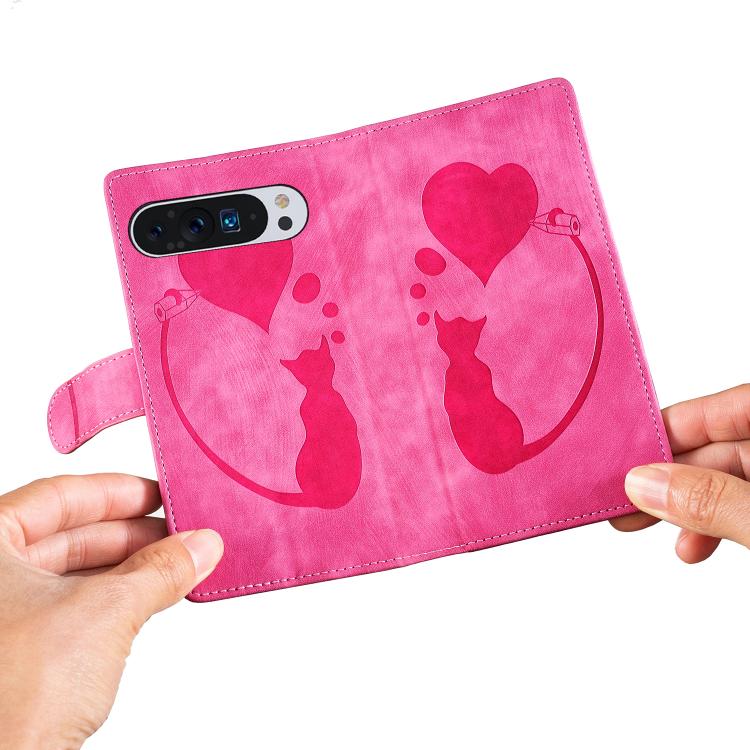 For Google Pixel 9 Pro XL / 10 Pro XL Pen Heart Cat Embossed Leather Phone Case
