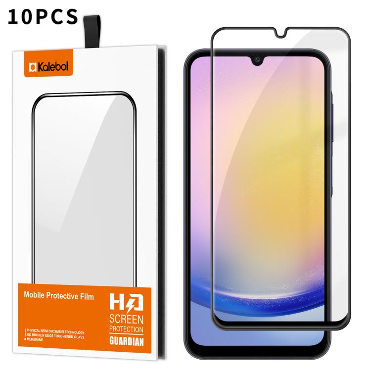 For Samsung Galaxy A25 5G 10pcs Kalebol High-Aluminum Screen-Printed Full-Coverage Anti-Fingerprint Black-Bordered HD Tempered Glass Film