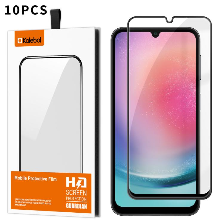 For Samsung Galaxy A24 4G 10pcs Kalebol High-Aluminum Screen-Printed Full-Coverage Anti-Fingerprint Black-Bordered HD Tempered Glass Film