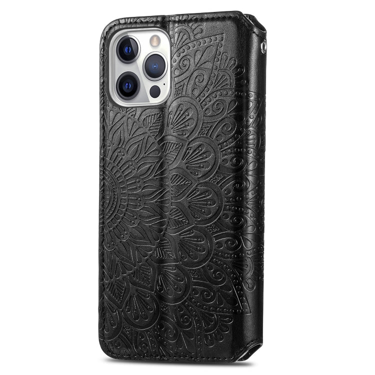 For iPhone 12 / 12 Pro Blooming Mandala Embossed Pattern Magnetic Horizontal Flip Leather Case with Holder & Card Slots & Wallet