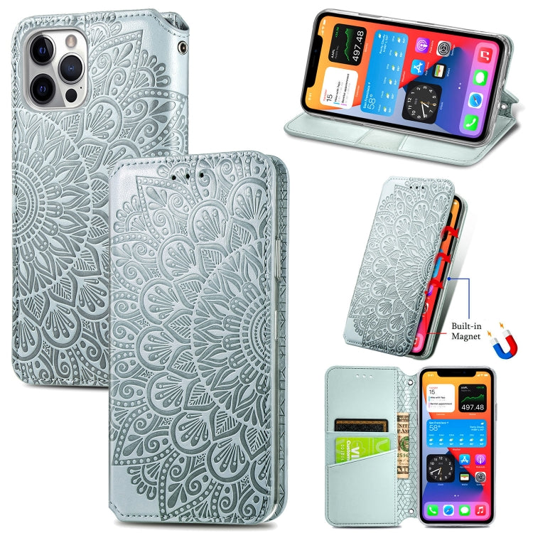 For iPhone 12 / 12 Pro Blooming Mandala Embossed Pattern Magnetic Horizontal Flip Leather Case with Holder & Card Slots & Wallet