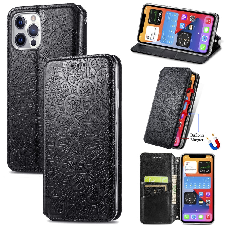For iPhone 12 Pro Max Blooming Mandala Embossed Pattern Magnetic Horizontal Flip Leather Case with Holder & Card Slots & Wallet